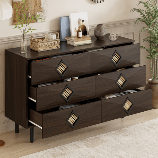 Tocador elegante com 6 gavetas - Puxadores de rattan, ideal para quarto e sala - Nogueira