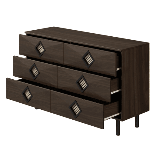 Tocador elegante com 6 gavetas - Puxadores de rattan, ideal para quarto e sala - Nogueira