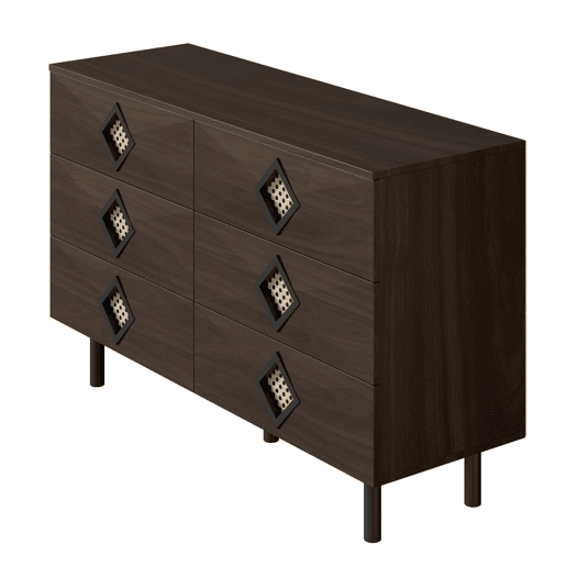 Tocador elegante com 6 gavetas - Puxadores de rattan, ideal para quarto e sala - Nogueira