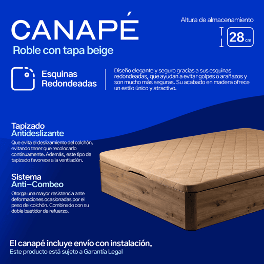 Conjunto Canapé 160x200 + Colchón - Canapé abatible con esquinas redondeadas 28 cm de almacenamiento + Colchón de muelles ensacados con viscoelástica Allegra (Doble Cara)