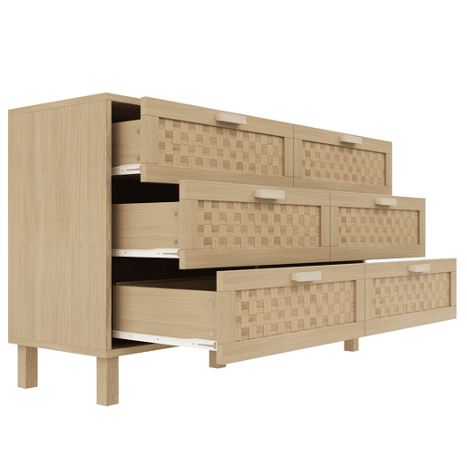 Aparador e cómoda em madeira natural com 6 gavetas - Estilo rattan - Natural