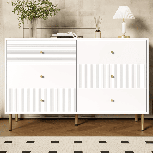Cômoda moderna 120x40x78 cm - 6 gavetas, com puxadores em liga de zinco e pés em aço - Branco