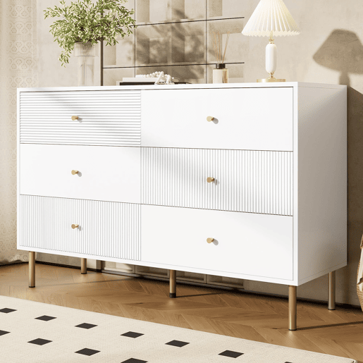 Cômoda moderna 120x40x78 cm - 6 gavetas, com puxadores em liga de zinco e pés em aço - Branco