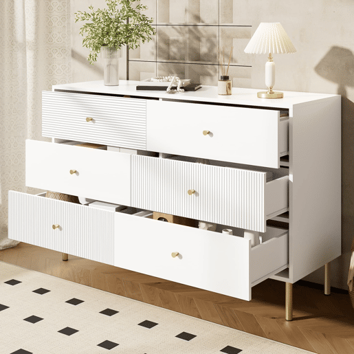 Cômoda moderna 120x40x78 cm - 6 gavetas, com puxadores em liga de zinco e pés em aço - Branco