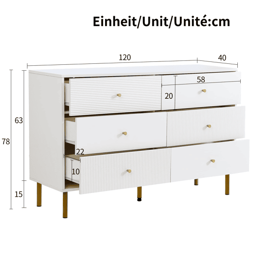 Cômoda moderna 120x40x78 cm - 6 gavetas, com puxadores em liga de zinco e pés em aço - Branco