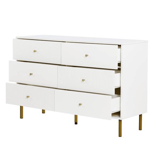 Cômoda moderna 120x40x78 cm - 6 gavetas, com puxadores em liga de zinco e pés em aço - Branco