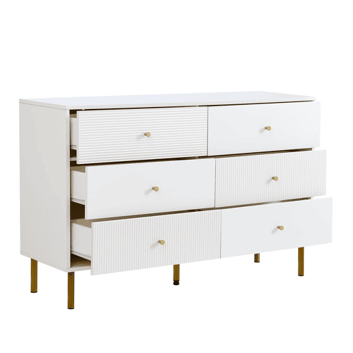 Cômoda moderna 120x40x78 cm - 6 gavetas, com puxadores em liga de zinco e pés em aço - Branco