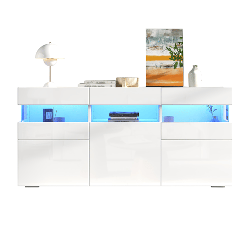 Aparador 140x40,5x66,5 cm - 3 portas, com LED, 7 prateleiras, branco