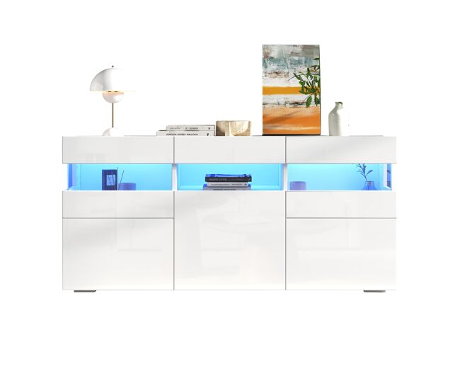 Aparador 140x40,5x66,5 cm - 3 puertas, con led, 7 estantes, blanco
