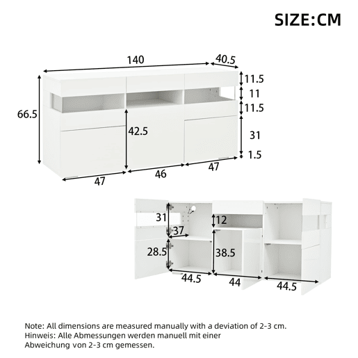 Aparador 140x40,5x66,5 cm - 3 portas, com LED, 7 prateleiras, branco