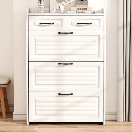 Sapateira 80x23,5x131 cm - com 3 portas e 2 gavetas - madeira - branca - para entrada ou sala de estar