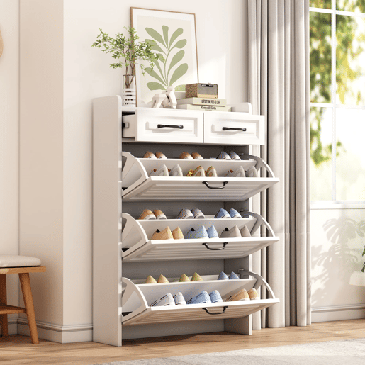 Sapateira 80x23,5x131 cm - com 3 portas e 2 gavetas - madeira - branca - para entrada ou sala de estar