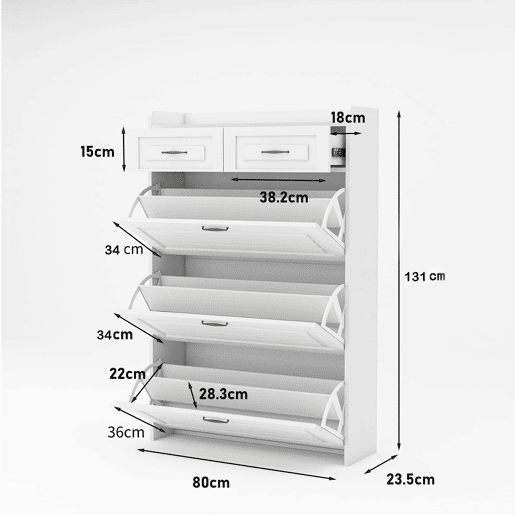 Sapateira 80x23,5x131 cm - com 3 portas e 2 gavetas - madeira - branca - para entrada ou sala de estar