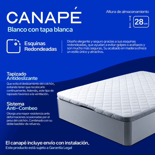 Conjunto Canapé 150x190 + Colchón - Canapé abatible con esquinas redondeadas 28 cm de almacenamiento + Colchón de muelles ensacados con viscoelástica Allegra (Doble Cara)