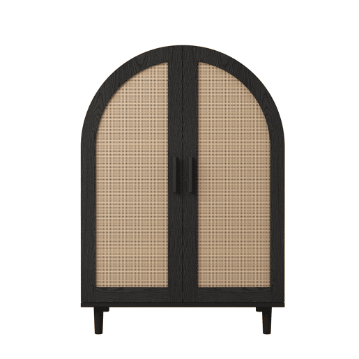 Aparador sapateira com 3 prateleiras - portas em rattan, design arredondado - Natural+Preto