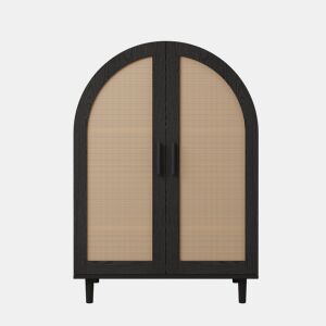 Aparador sapateira com 3 prateleiras - portas em rattan, design arredondado - Natural+Preto