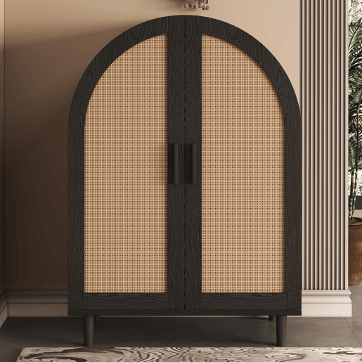 Aparador sapateira com 3 prateleiras - portas em rattan, design arredondado - Natural+Preto