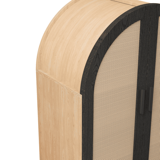 Aparador sapateira com 3 prateleiras - portas em rattan, design arredondado - Natural+Preto