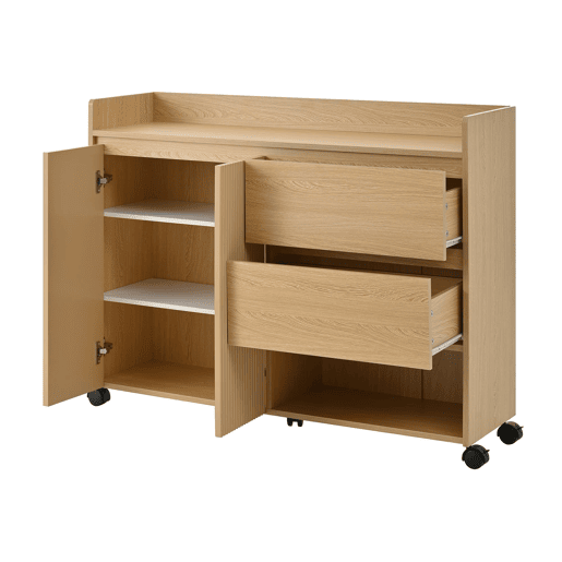 Sapateiro móvel 110x35x86 cm - Com rodas universais com travão, prateleiras ajustáveis, dobradiça amortecida - Natural