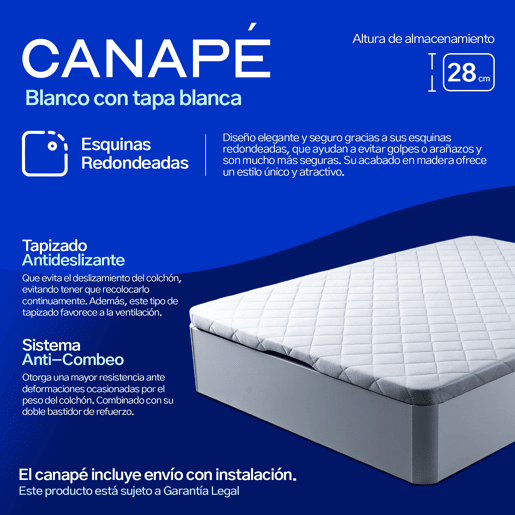Conjunto Canapé 90x200 + Colchón - Canapé abatible con esquinas redondeadas 28 cm de almacenamiento + Colchón de muelles ensacados con viscoelástica Allegra (Doble Cara)
