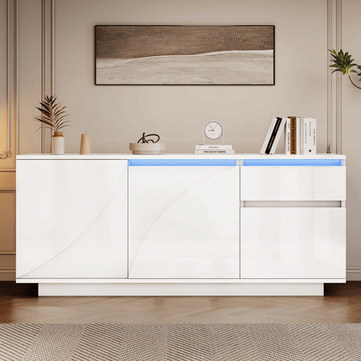 Aparador 140x40x60 cm - 3 portas, 1 gaveta, com LED e prateleiras ajustáveis - Branco
