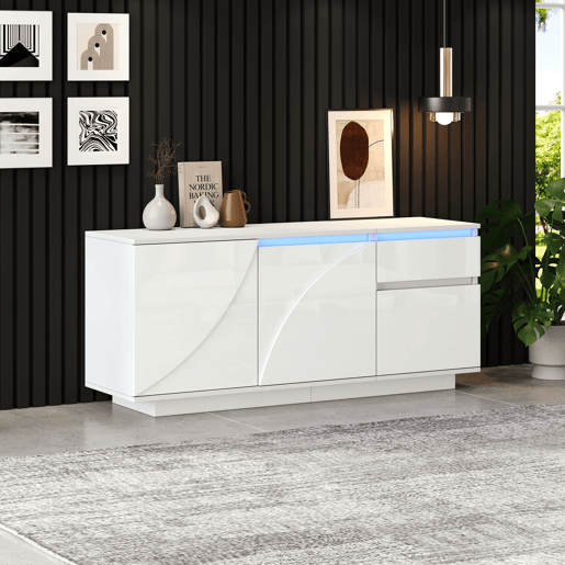 Aparador 140x40x60 cm - 3 portas, 1 gaveta, com LED e prateleiras ajustáveis - Branco