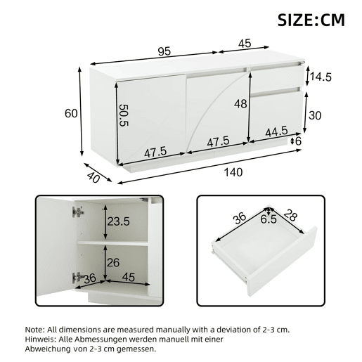 Aparador 140x40x60 cm - 3 portas, 1 gaveta, com LED e prateleiras ajustáveis - Branco