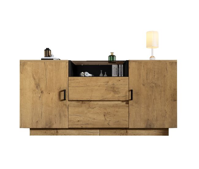 Comoda 140x70x40 cm - 2 cajones + 2 armarios ajustables - vidrio esg - roble claro