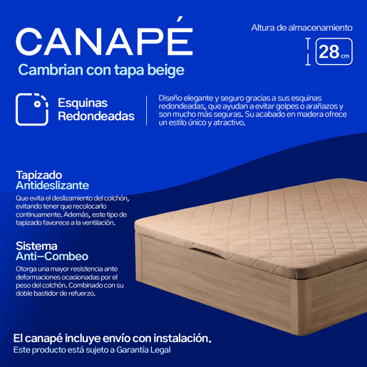 Conjunto Canapé 90x190 + Colchón - Canapé abatible con esquinas redondeadas 28 cm de almacenamiento + Colchón de muelles ensacados con viscoelástica Allegra (Doble Cara)