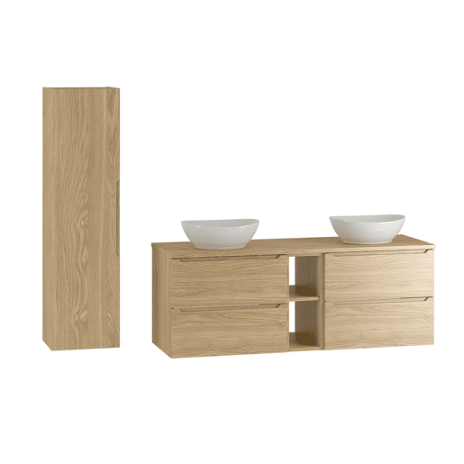 Conjunto móvel lavatório duplo 140cm 2 nichos e coluna Viggo Madeira