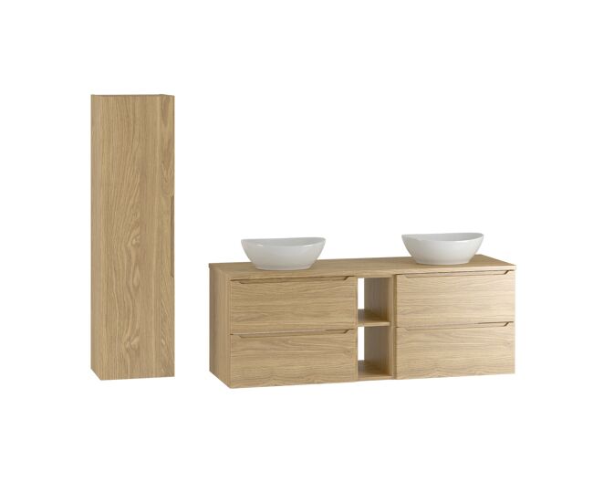 Conjunto mueble lavabo doble 140cm 2 compartimientos y columna viggo madera