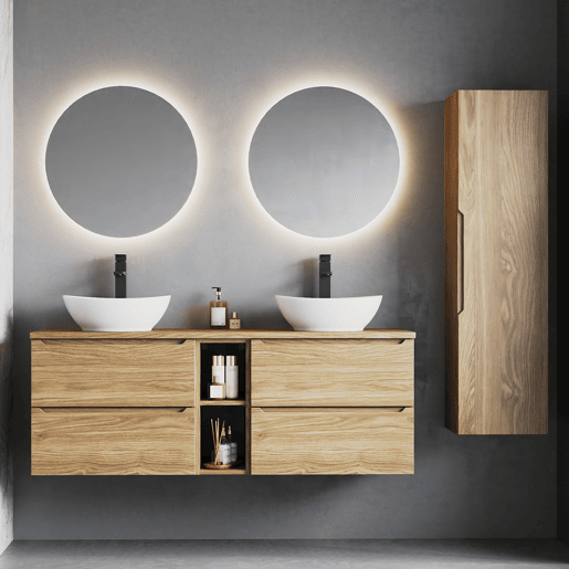 Conjunto móvel lavatório duplo 140cm 2 nichos e coluna Viggo Madeira