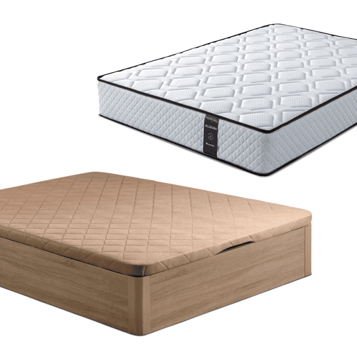 Conjunto Canapé 135x190 + Colchón - Canapé abatible con esquinas redondeadas 28 cm de almacenamiento + Colchón de muelles ensacados con viscoelástica Allegra (Doble Cara)