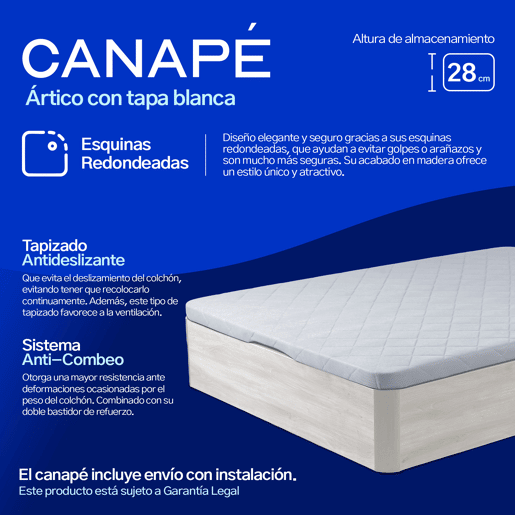 Conjunto Canapé 160x200 + Colchón - Canapé abatible con esquinas redondeadas 28 cm de almacenamiento + Colchón de muelles ensacados con viscoelástica Allegra (Doble Cara)