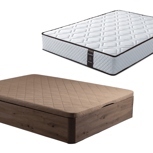 Conjunto Canapé 150x200 + Colchón - Canapé abatible con esquinas redondeadas 28 cm de almacenamiento + Colchón de muelles ensacados con viscoelástica Allegra (Doble Cara)