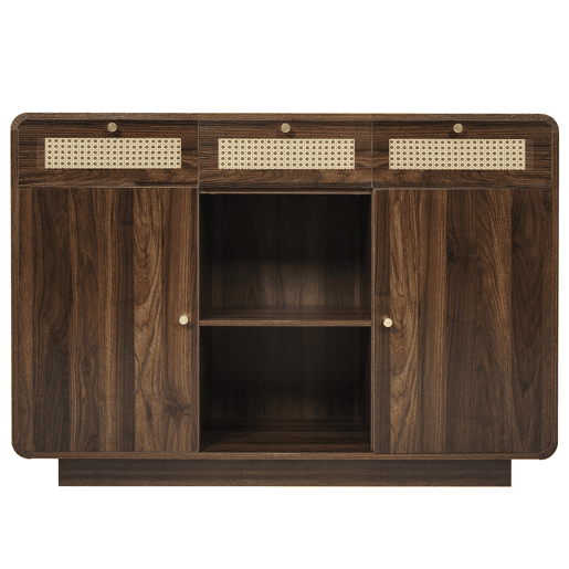 Cômoda 120x85x40 cm - Com 3 gavetas, 2 armários, prateleira aberta, puxadores dourados, nogueira