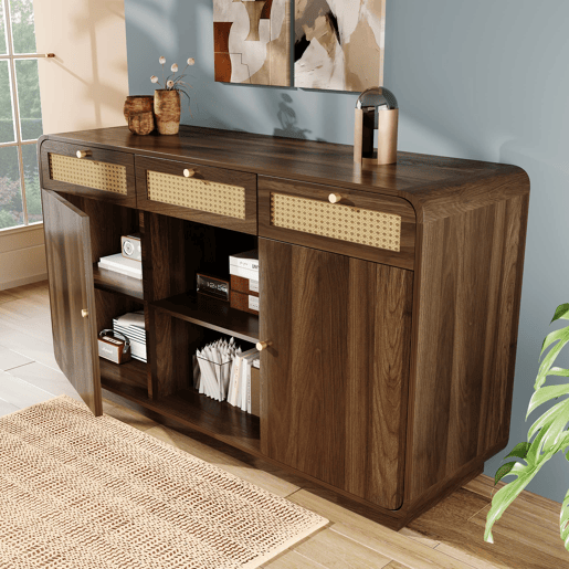 Cômoda 120x85x40 cm - Com 3 gavetas, 2 armários, prateleira aberta, puxadores dourados, nogueira