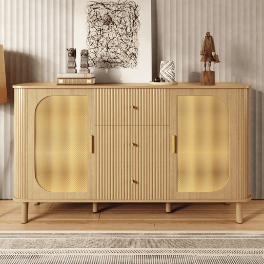 Aparador moderno - gavetas, prateleiras e pés em metal, design versátil para sala de estar com acabamento efeito madeira Aparador moderno - gavetas, prateleiras e pés em metal, design versátil para sala de estar com acabamento efeito madeira