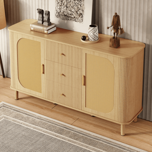 Aparador moderno - gavetas, prateleiras e pés em metal, design versátil para sala de estar com acabamento efeito madeira Aparador moderno - gavetas, prateleiras e pés em metal, design versátil para sala de estar com acabamento efeito madeira
