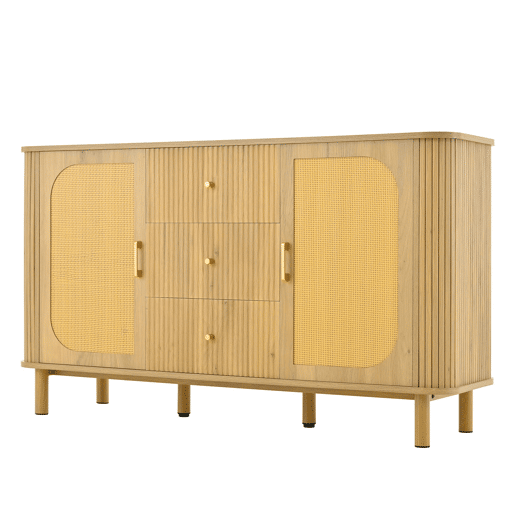 Aparador moderno - gavetas, prateleiras e pés em metal, design versátil para sala de estar com acabamento efeito madeira Aparador moderno - gavetas, prateleiras e pés em metal, design versátil para sala de estar com acabamento efeito madeira
