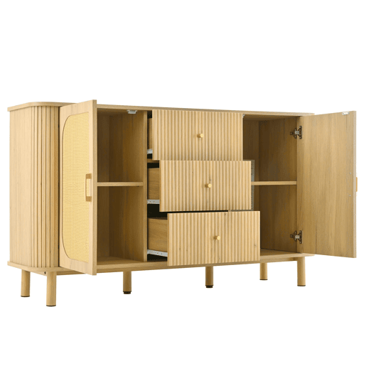 Aparador moderno - gavetas, prateleiras e pés em metal, design versátil para sala de estar com acabamento efeito madeira Aparador moderno - gavetas, prateleiras e pés em metal, design versátil para sala de estar com acabamento efeito madeira
