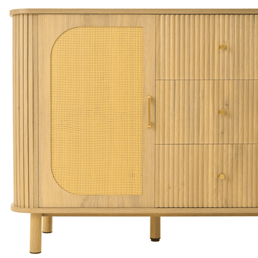 Aparador moderno - gavetas, prateleiras e pés em metal, design versátil para sala de estar com acabamento efeito madeira Aparador moderno - gavetas, prateleiras e pés em metal, design versátil para sala de estar com acabamento efeito madeira