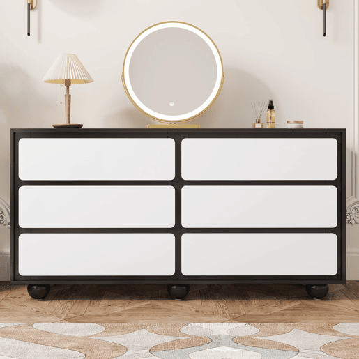 Cômoda 140x38x74,5 cm - Com seis gavetas, design moderno - Branco e preto