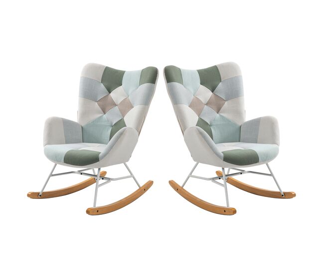 Sillas mecedoras patchwork con respaldo alto ergonómico y base curva de madera, diseño moderno para salón o habitación infantil, set de 2, soporte