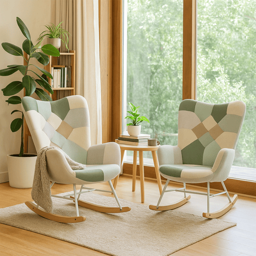 Cadeiras De Balanço Patchwork Com Encosto Alto Ergonómico E Pernas Curvas Em Madeira, Design Moderno Para Sala Ou Quarto Infantil, Conjunto De 2, Suporta Até 120 Kg, Assento Acolchoado Ideal Para Amamentação, Leitura E Relaxamento