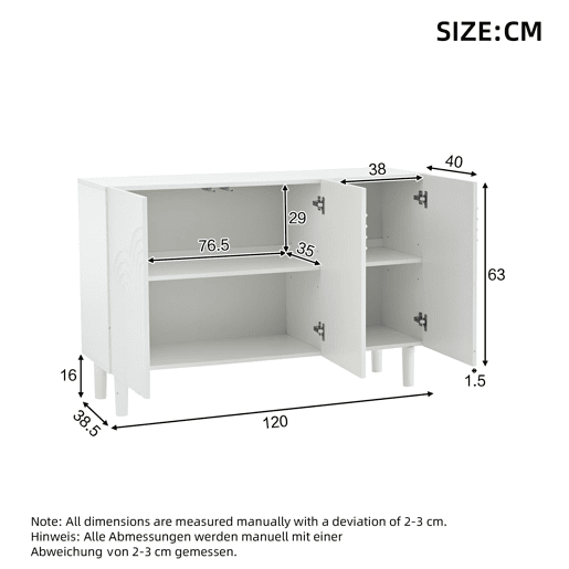 Aparador 120x38,5x79 cm - 3 portas, grande capacidade de armazenamento, com pés de 16 cm - Branco Aparador 120x38,5x79 cm - 3 portas, grande capacidade de armazenamento, com pés de 16 cm - Branco