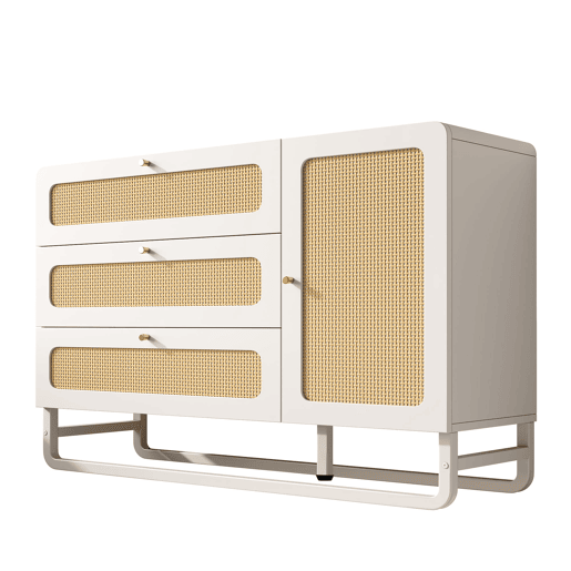 Cômoda 120x85x40 cm - Estilo rústico, 3 gavetas, 1 porta, prateleiras ajustáveis, puxadores dourados - Branco
