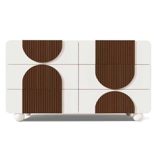 Cômoda 121x71x41 cm - 6 gavetas, design curvo, tiras de madeira chocolate, branco