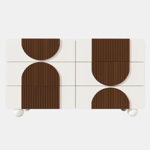 Cômoda 121x71x41 cm - 6 gavetas, design curvo, tiras de madeira chocolate, branco
