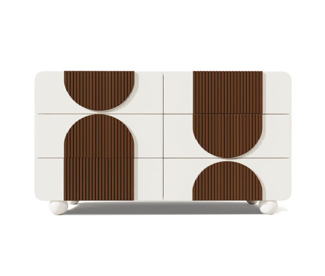 Cómoda 121x71x41 cm - 6 cajones, diseño curvado, tiras de madera chocolate, blanco